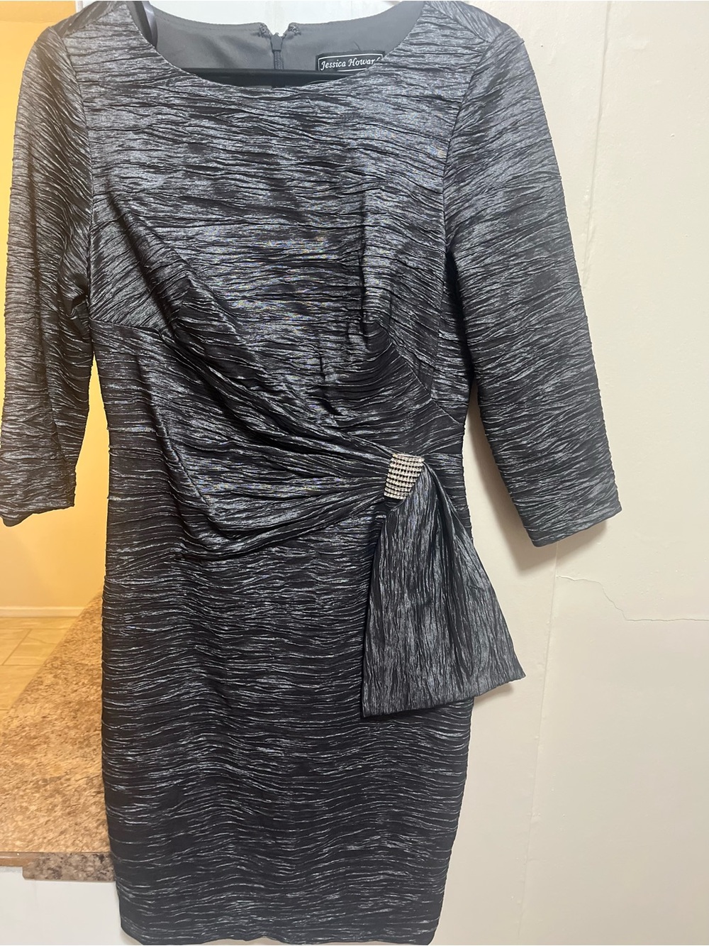 Jessica Howard Black and Silver Ruched Sheath Dress with Brooch Accent